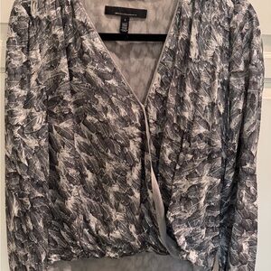 White House Black Market Gray and White Feather Print Blouse